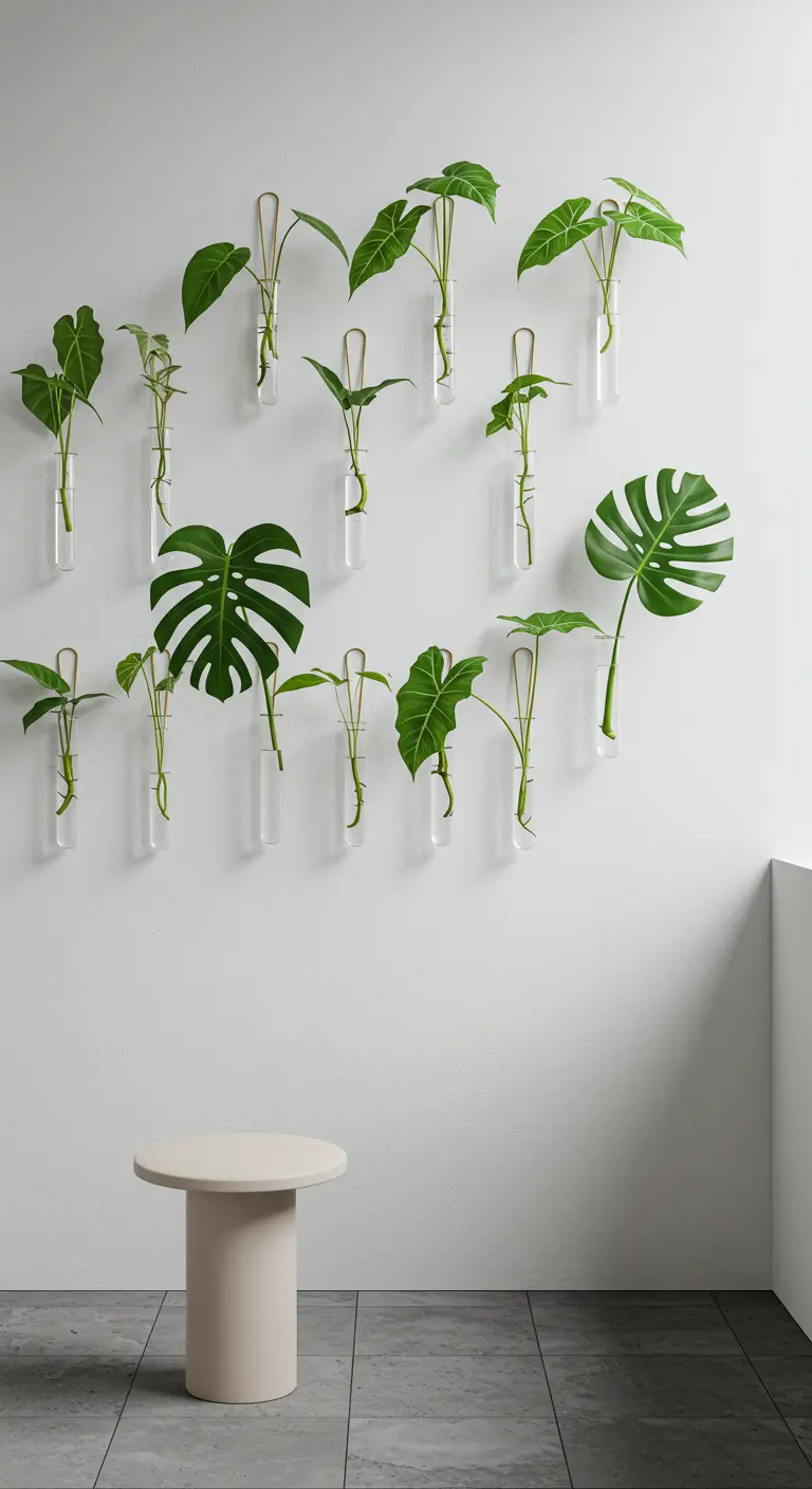 Mur blanc décoré de plusieurs boutures de plantes dans des tubes en verre.