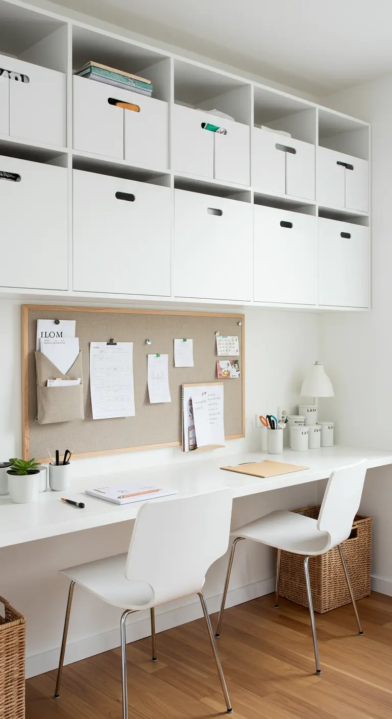 Long bureau blanc intégré sous des rangements muraux blancs avec un grand tableau en liège.
