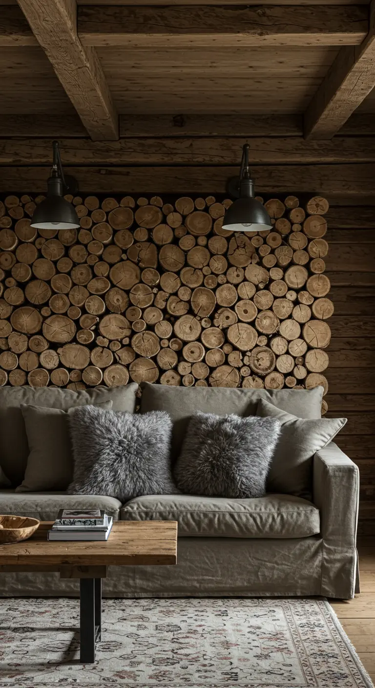 Mur d'accent composé de rondins de bois derrière un canapé gris avec coussins en fourrure.