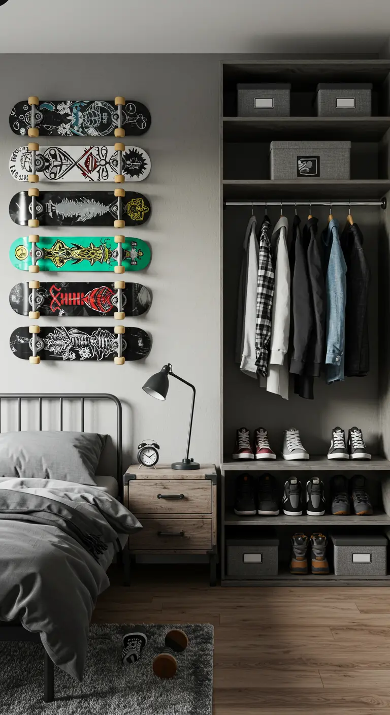 Chambre d'ado avec plusieurs skateboards fixés au mur comme des étagères décoratives.