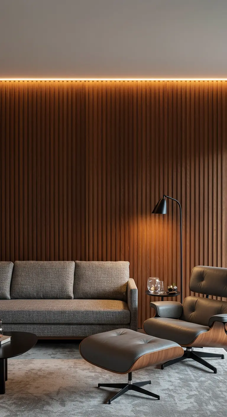 Mur d'accent en tasseaux de bois verticaux, éclairé par une bande LED dissimulée au plafond.