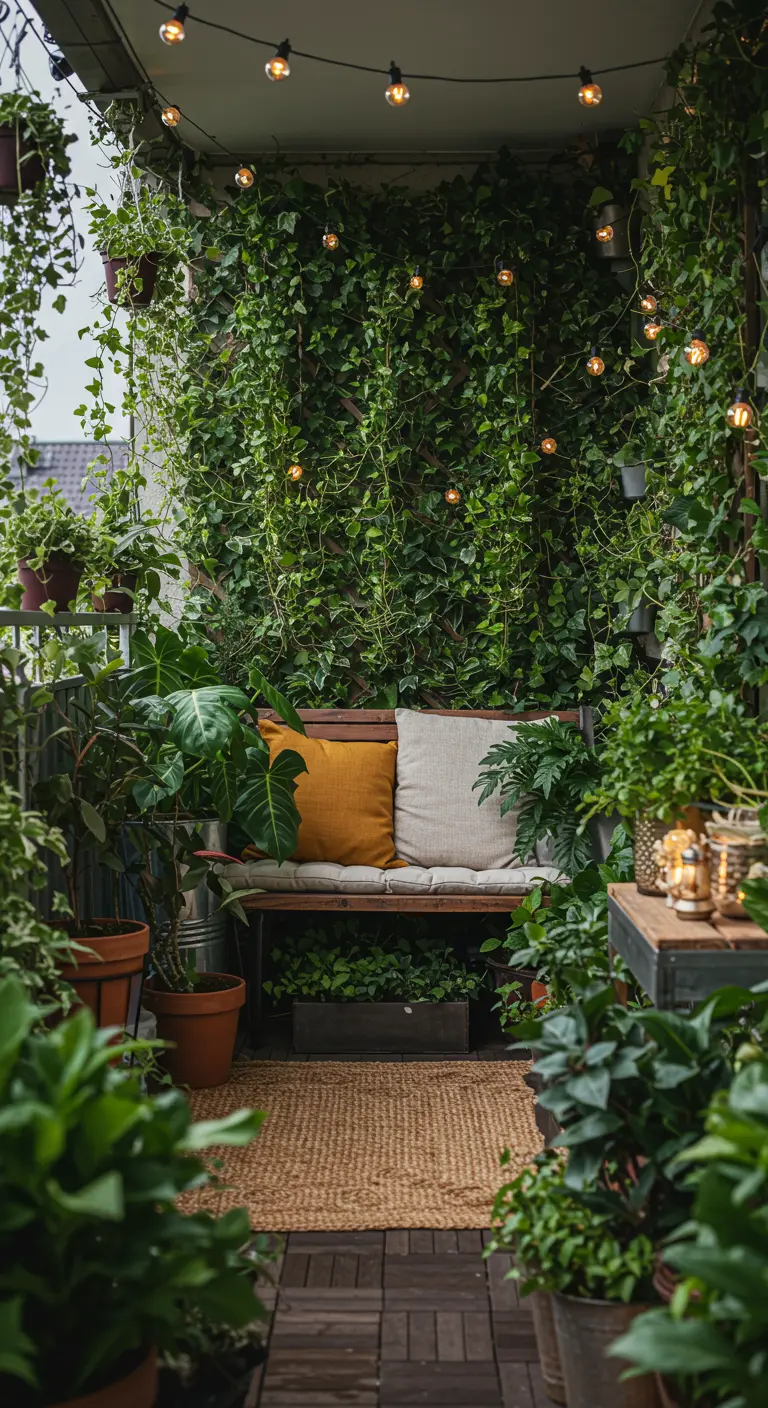 Balcon avec mur végétal dense, banquette en bois, coussins et guirlandes lumineuses intégrées.