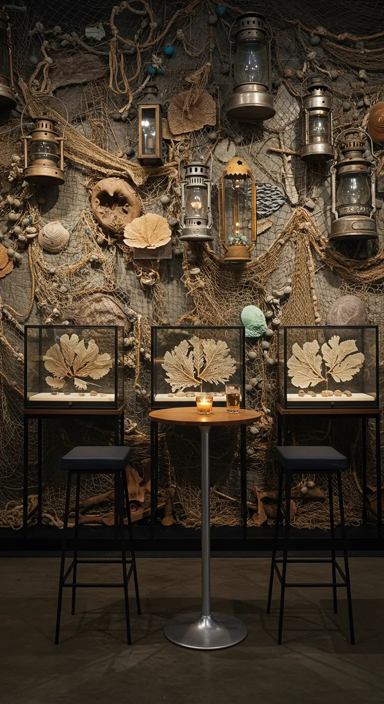 Mur décoré de filets de pêche, de lanternes de marine et d'algues encadrées.