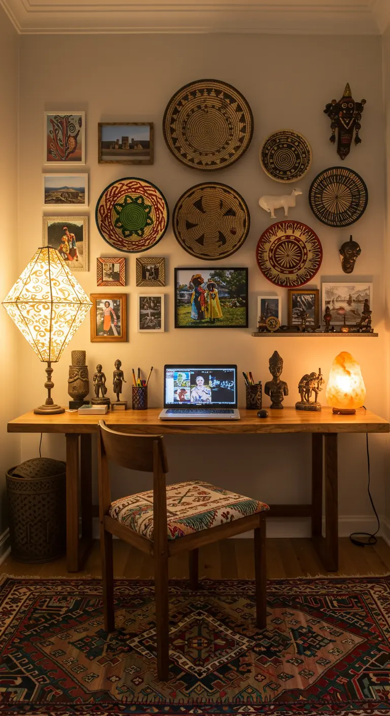 Bureau avec un mur décoré de paniers tressés, cadres et souvenirs de voyage.