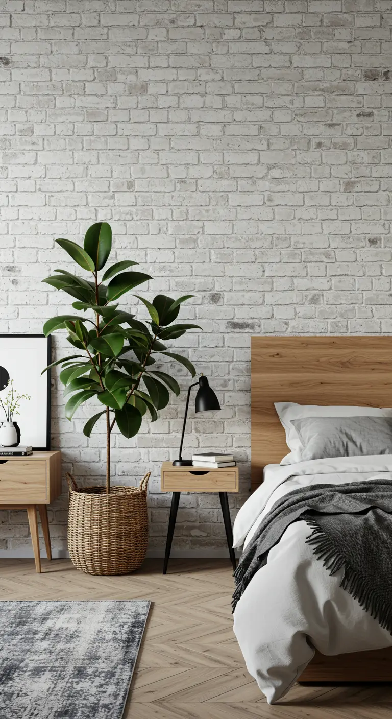 Mur de briques peintes en blanc derrière un lit en bois, avec une grande plante.