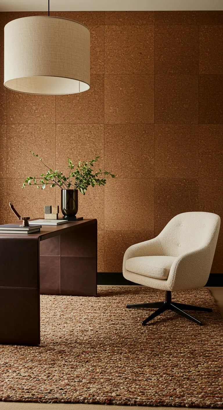 Bureau moderne avec un mur entièrement recouvert de panneaux de liège et une chaise bouclée.