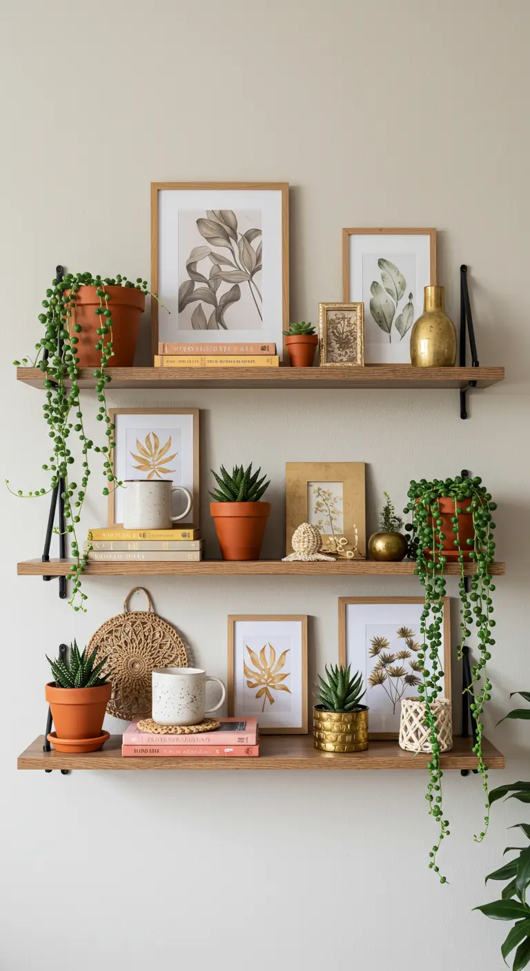 Étagères murales en bois décorées de plantes, de cadres et de petits objets dorés.