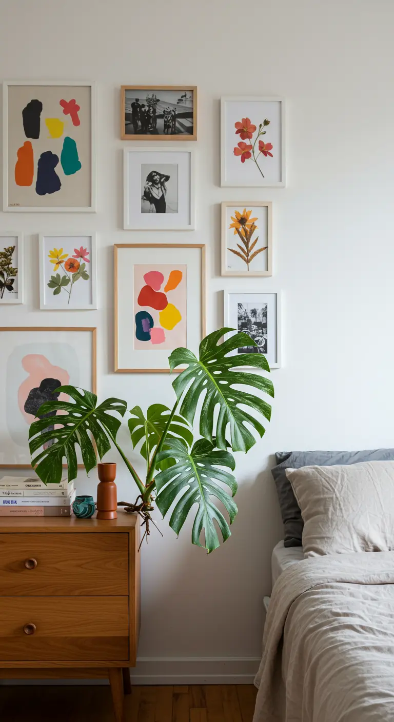 Mur de cadres de styles variés au-dessus d'une commode avec une plante Monstera.