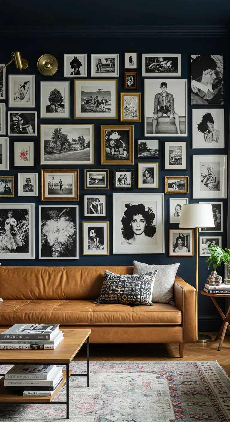 Grand mur d'accent bleu nuit entièrement couvert de cadres photo noir et blanc de tailles diverses.