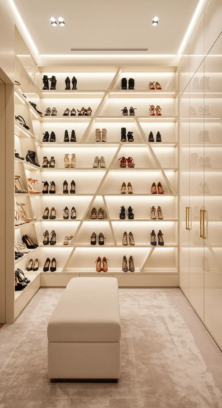 Mur de chaussures blanc avec étagères géométriques et éclairage LED intégré.