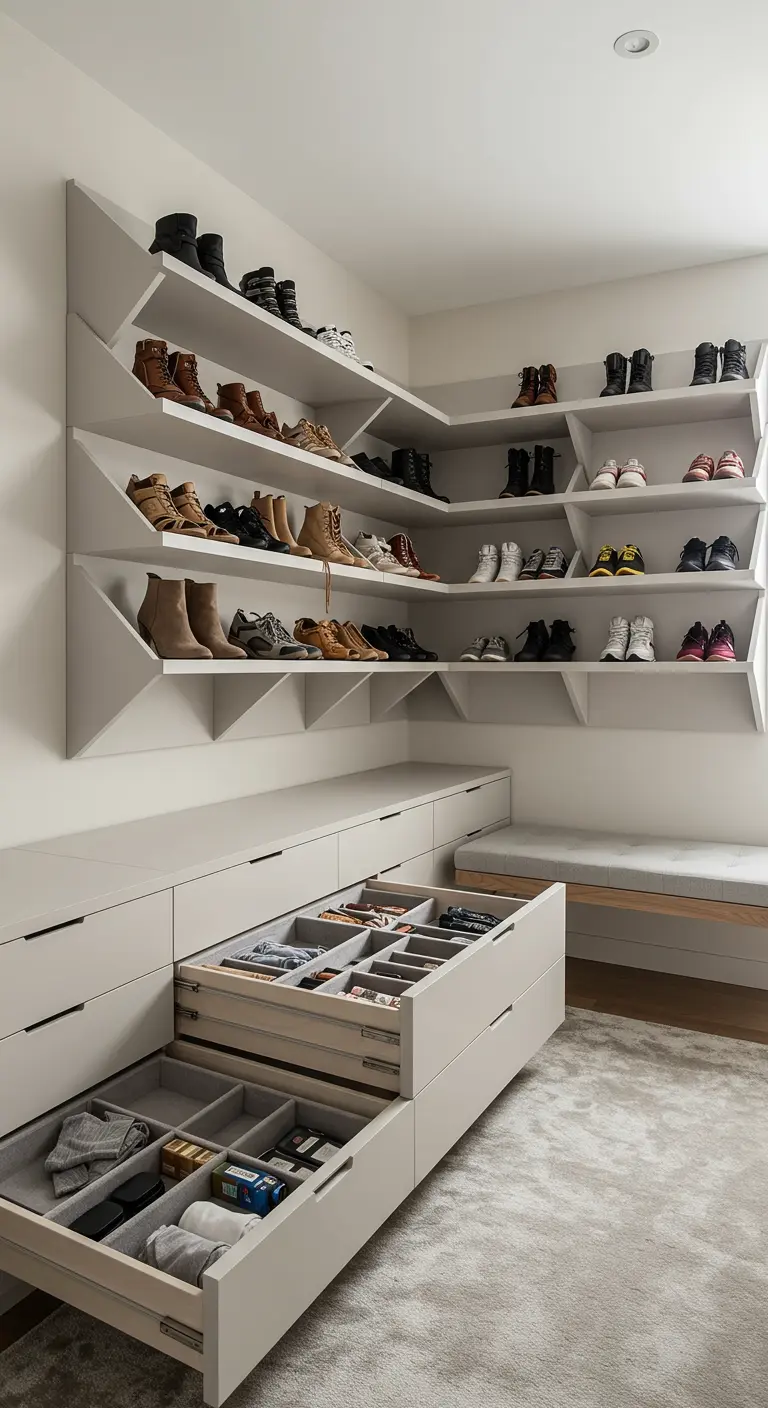 Mur de rangement pour chaussures avec étagères inclinées et tiroirs bas.
