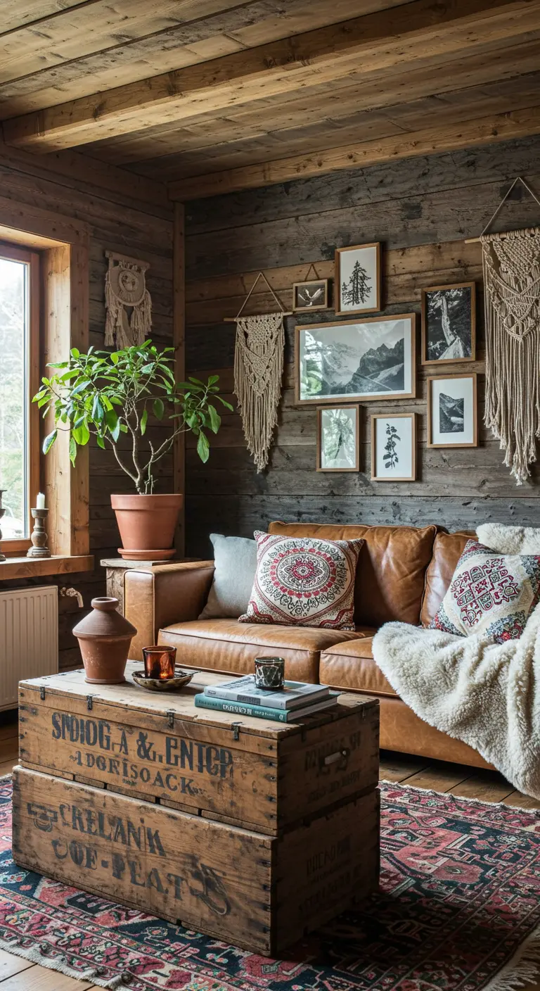 Salon bohème avec mur de cadres, canapé en cuir et table basse en caisses de bois.