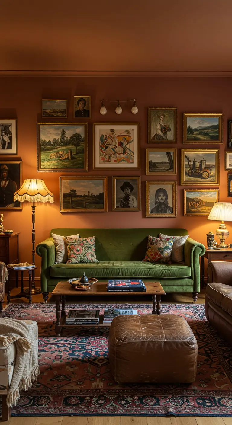 Salon éclectique avec un mur terracotta couvert de tableaux et un canapé vert olive.