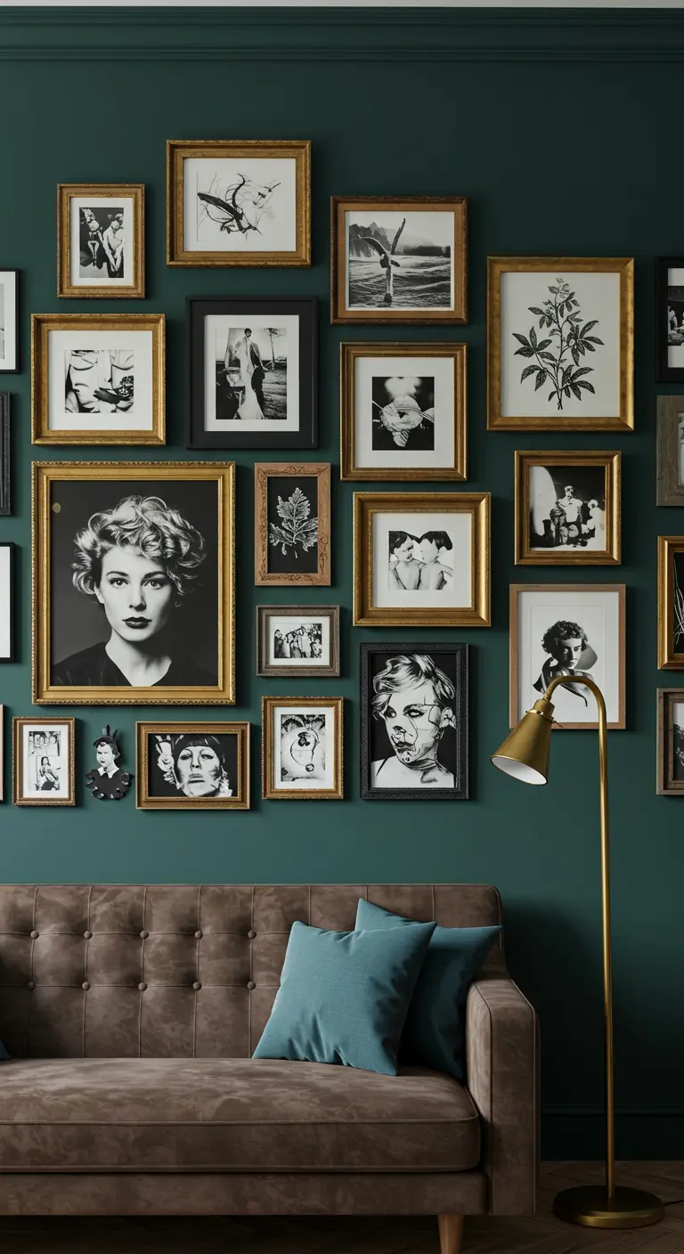 Mur de galerie dense avec des photos en noir et blanc dans des cadres dorés et noirs sur un mur vert foncé.