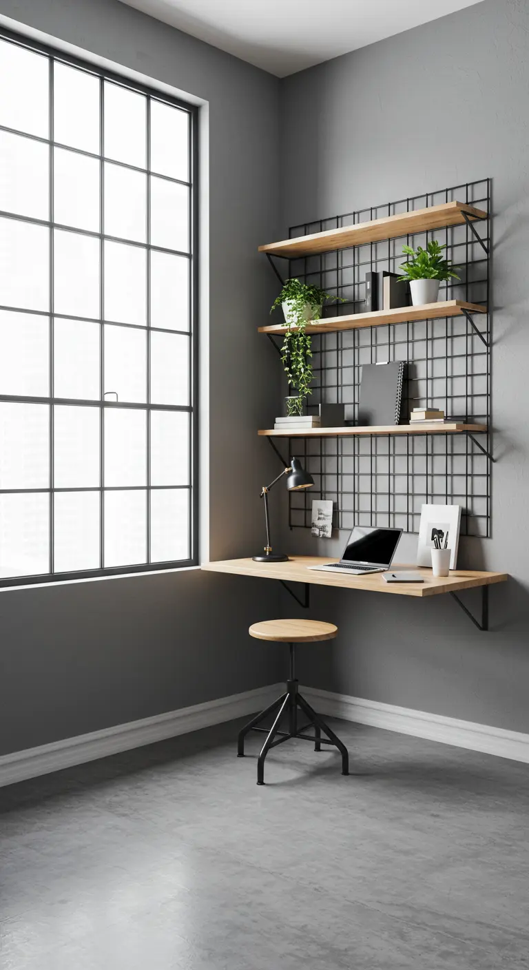 Bureau d'angle avec un grand treillis métallique noir servant d'étagère murale.