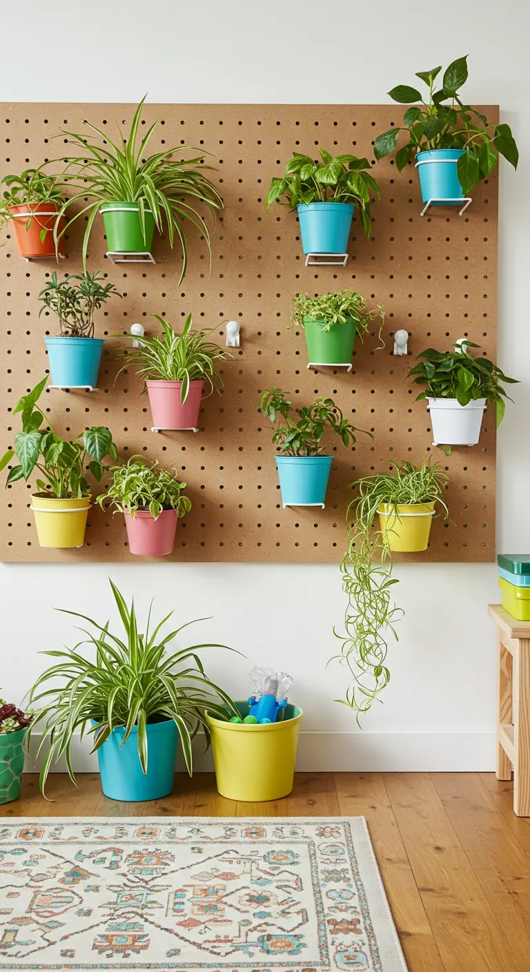 Un grand panneau perforé en bois avec des plantes dans des pots colorés (bleu, rose, jaune).
