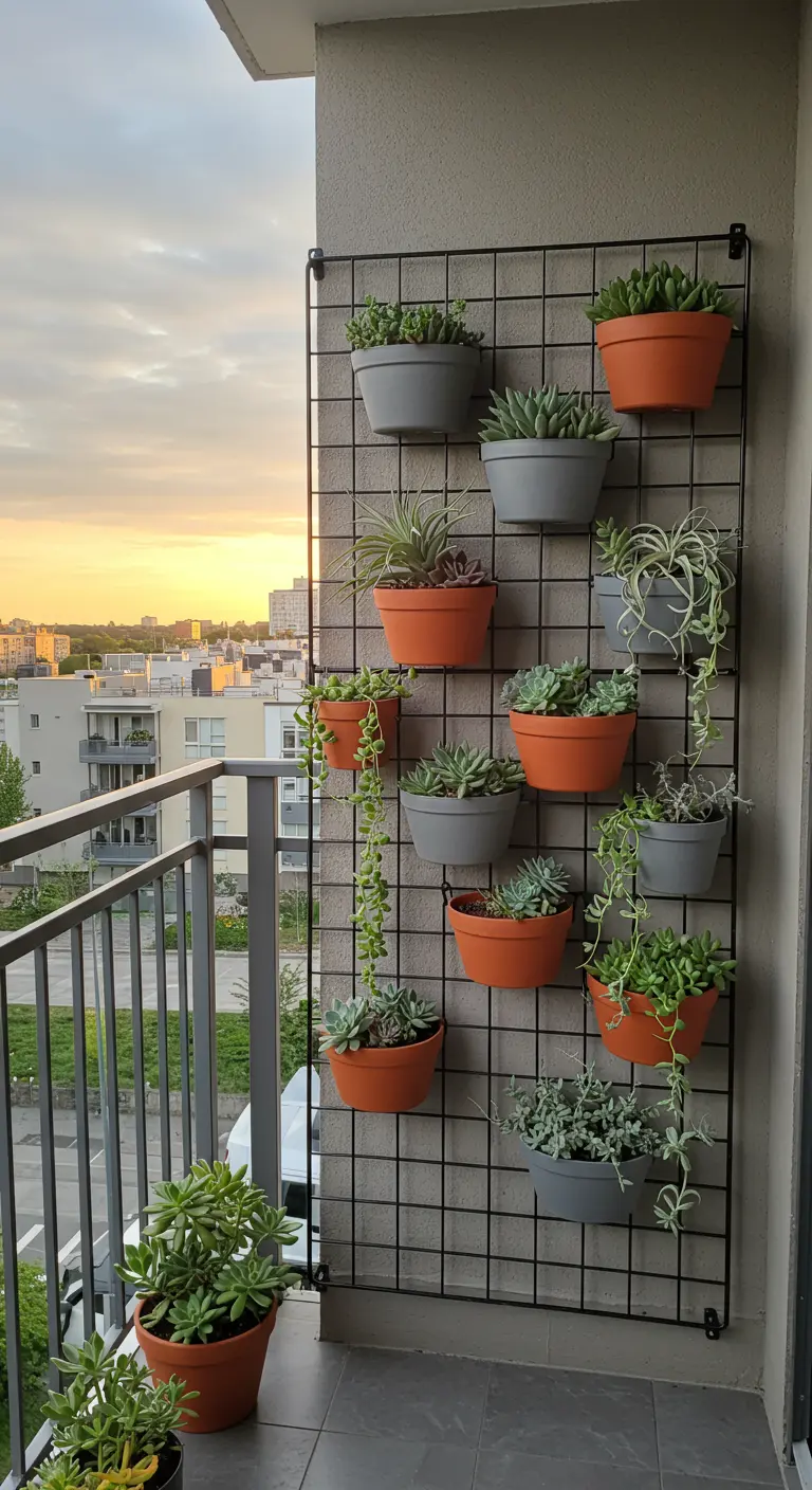 Treillis métallique noir avec des pots de succulentes suspendus.