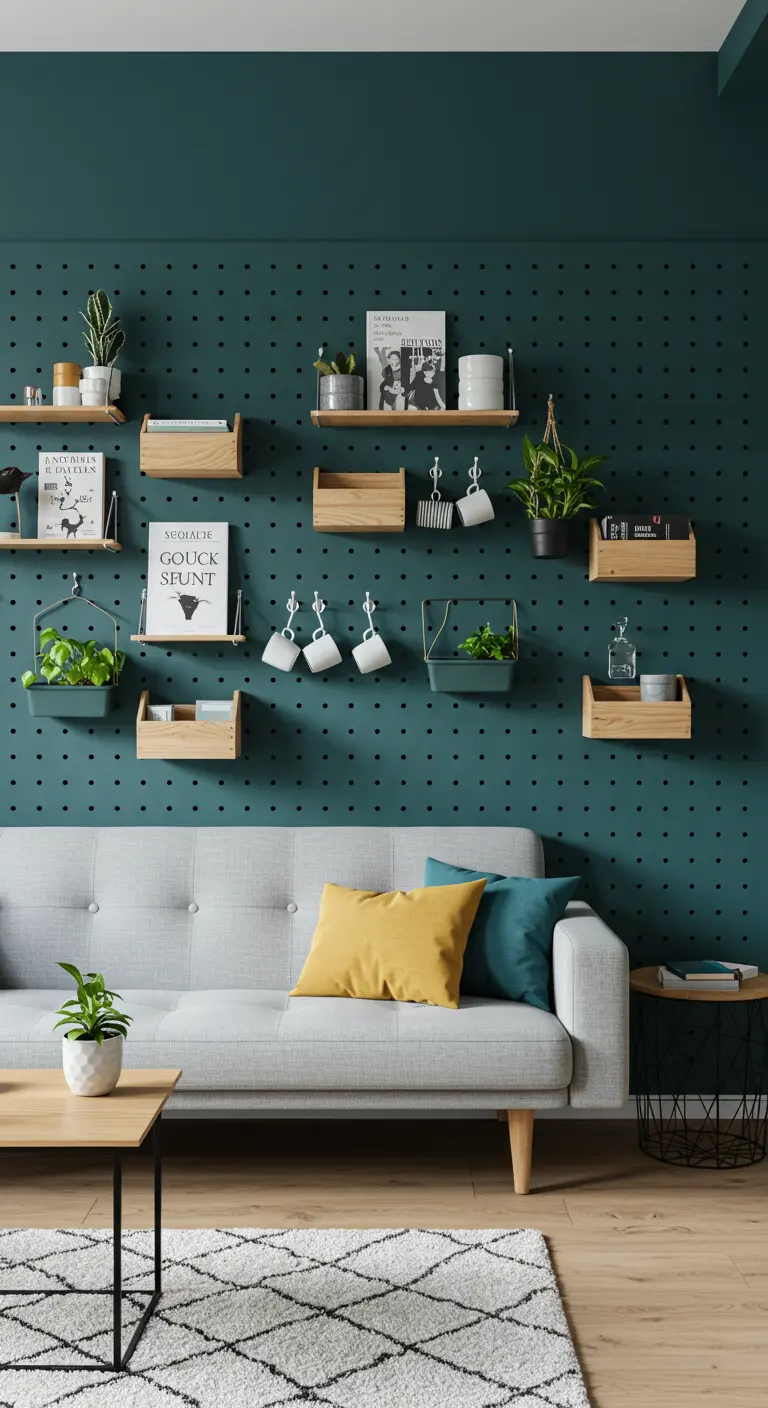 Grand mur pegboard bleu canard avec des étagères et des bacs en bois contenant des plantes et des livres.