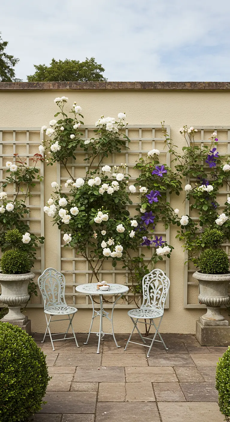 Terrasse romantique avec treillis crème couverts de roses blanches et clématites violettes, ensemble bistro et urnes.