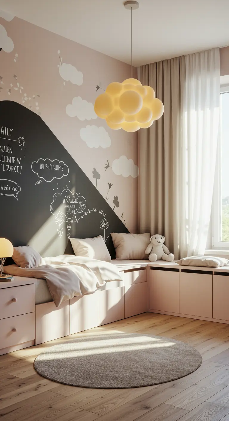 Chambre enfant rose et gris avec un mur tableau noir en pente, nuages décoratifs et suspension lumineuse en forme de nuage.