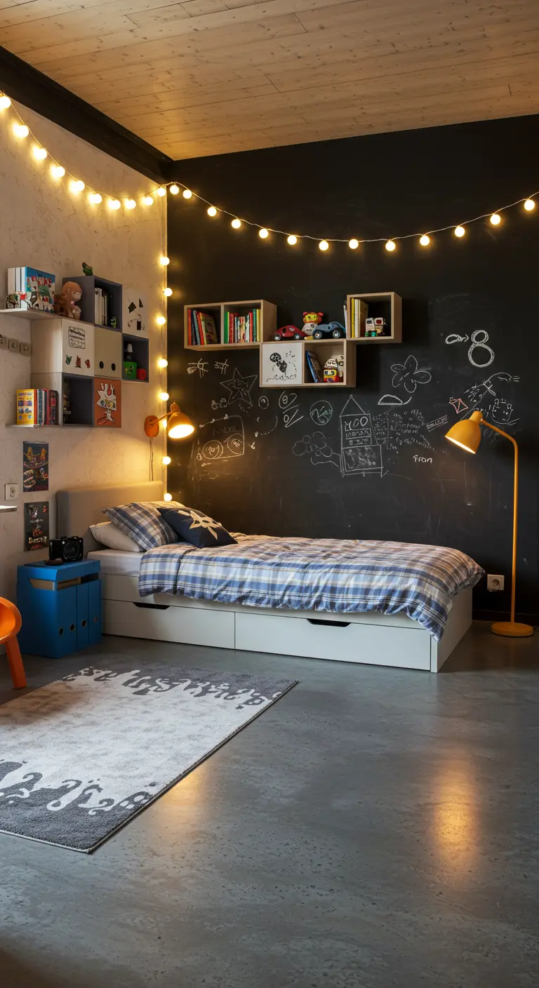 Chambre ado avec un mur tableau noir rempli de dessins à la craie, éclairée par une guirlande lumineuse.