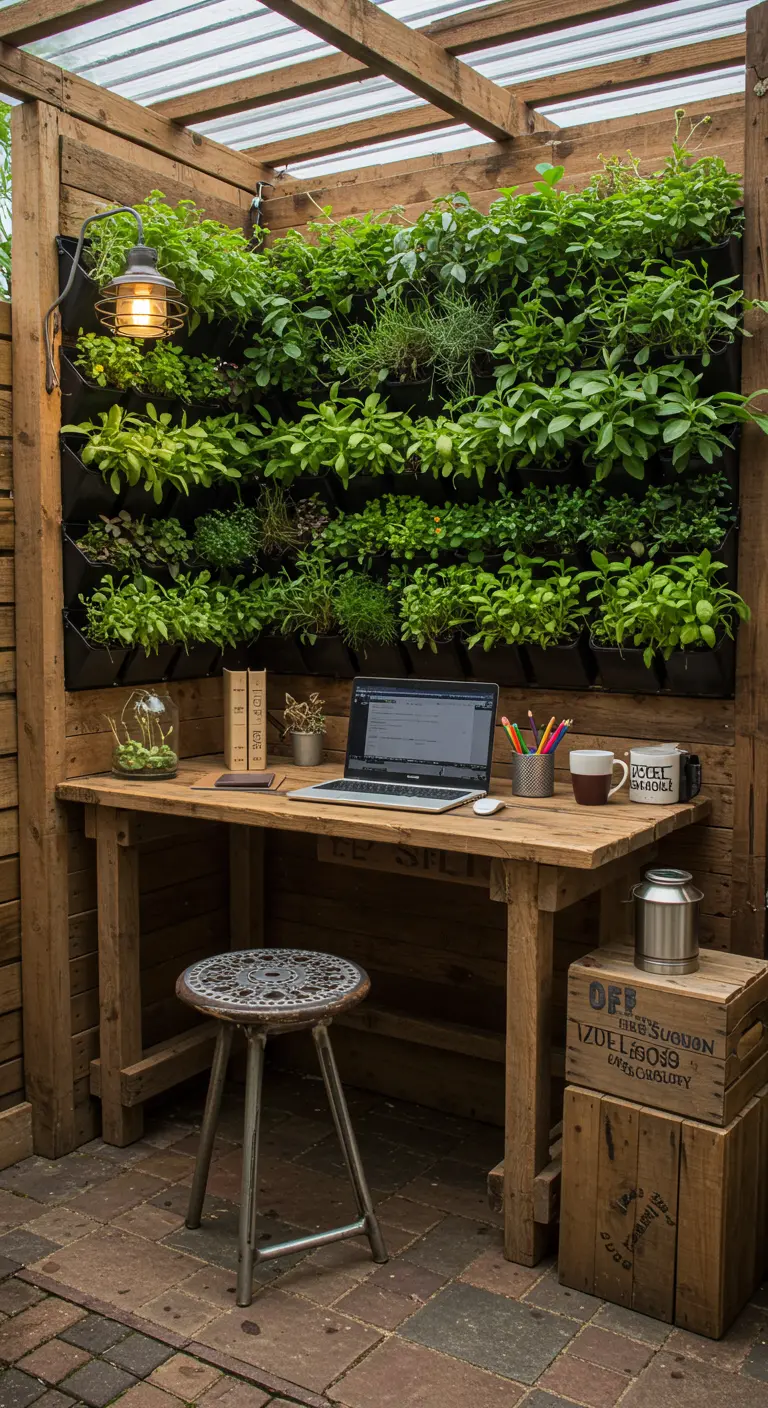 Bureau d'extérieur en bois avec mur végétal d'herbes aromatiques, rangements en cagettes et lanterne.
