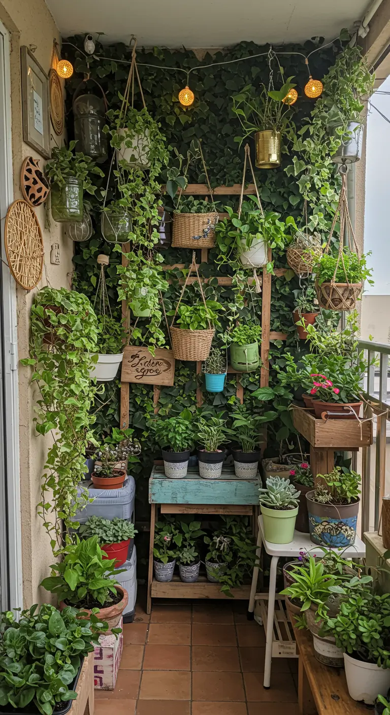 Balcon avec mur végétal luxuriant, suspensions de plantes, objets recyclés et guirlandes lumineuses.