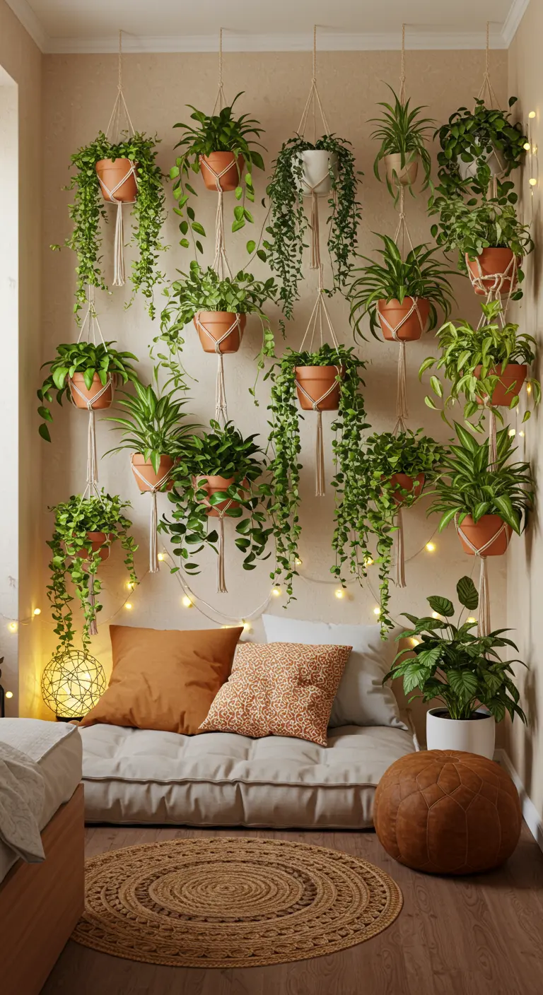 Mur végétal bohème avec pots suspendus en macramé et guirlandes lumineuses au-dessus d'un canapé.