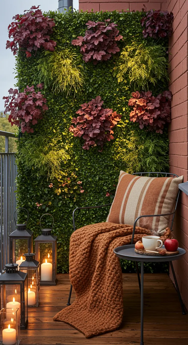 Fauteuil avec plaid orange devant un mur végétal luxuriant.