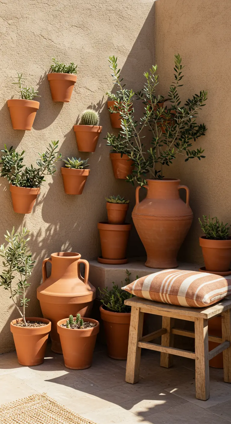 Mur beige décoré de nombreux pots en terre cuite suspendus avec des plantes variées.