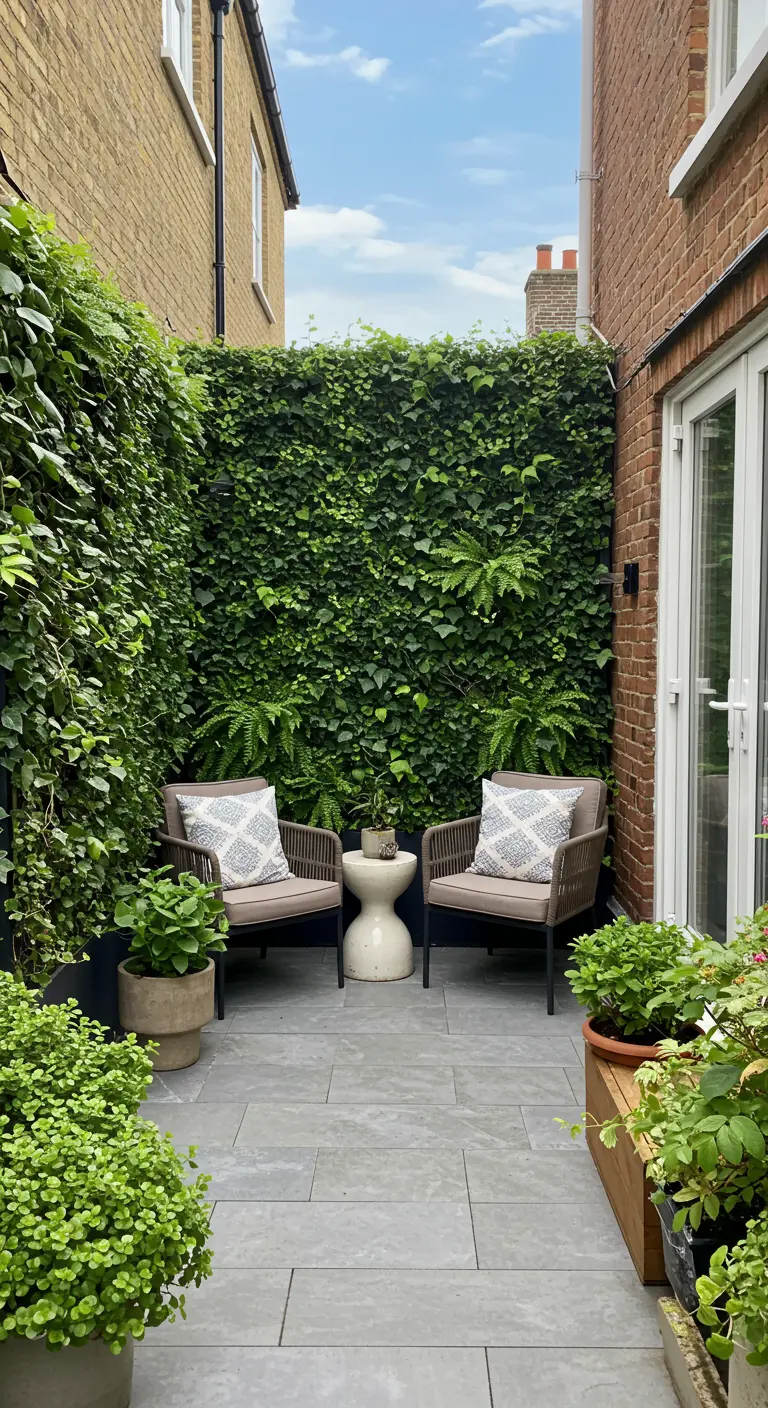 Deux fauteuils dans une petite cour entourée de murs entièrement recouverts de lierre.