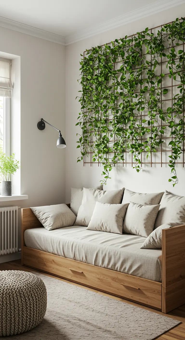 Lit de jour avec un grand treillage mural couvert de plantes grimpantes.