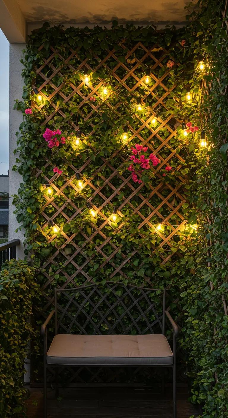 Treillis en bois couvert de lierre et de fleurs, avec un filet lumineux intégré.