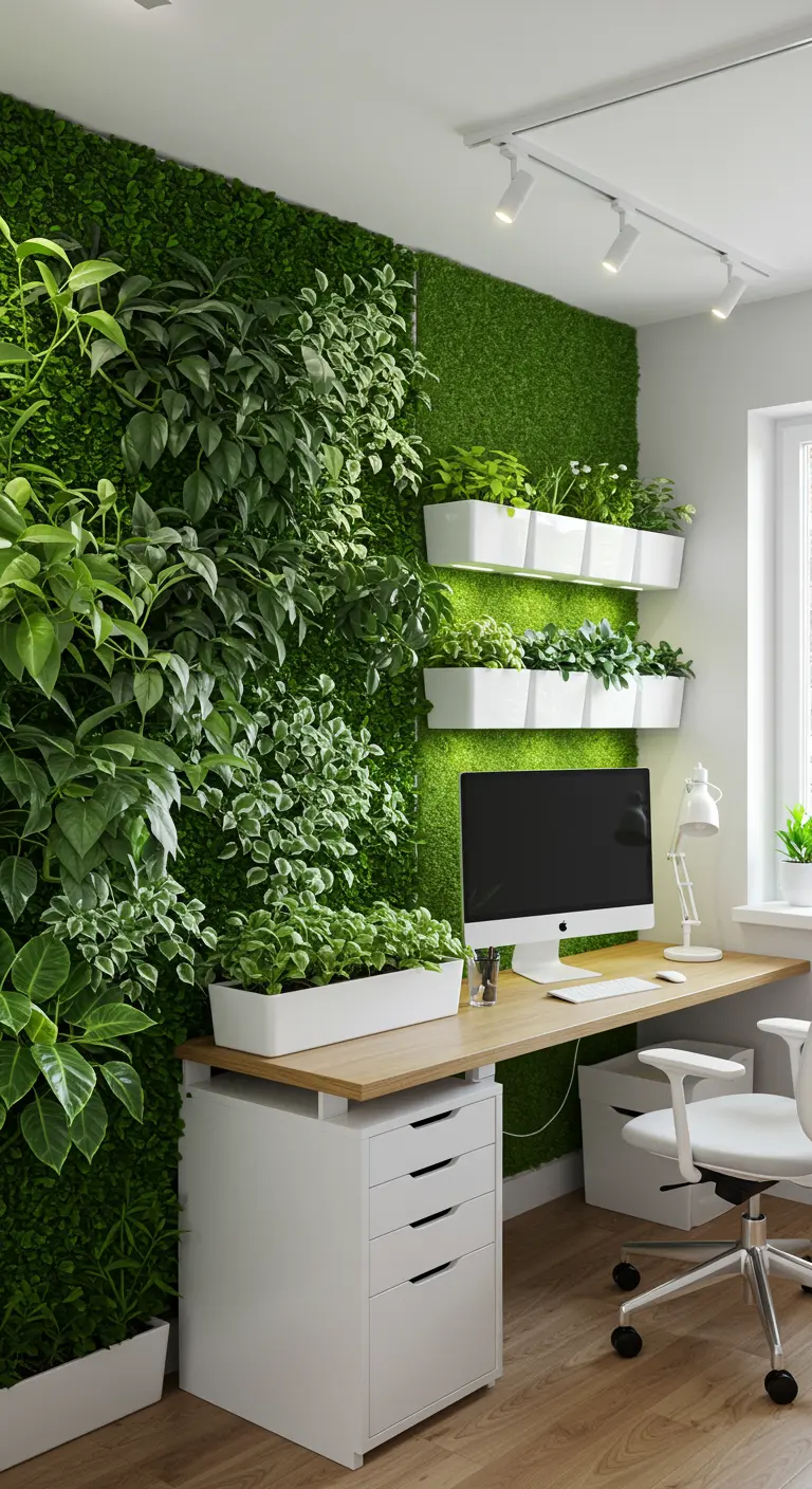 Bureau lumineux avec un grand mur végétal, des jardinières blanches et un mobilier épuré.