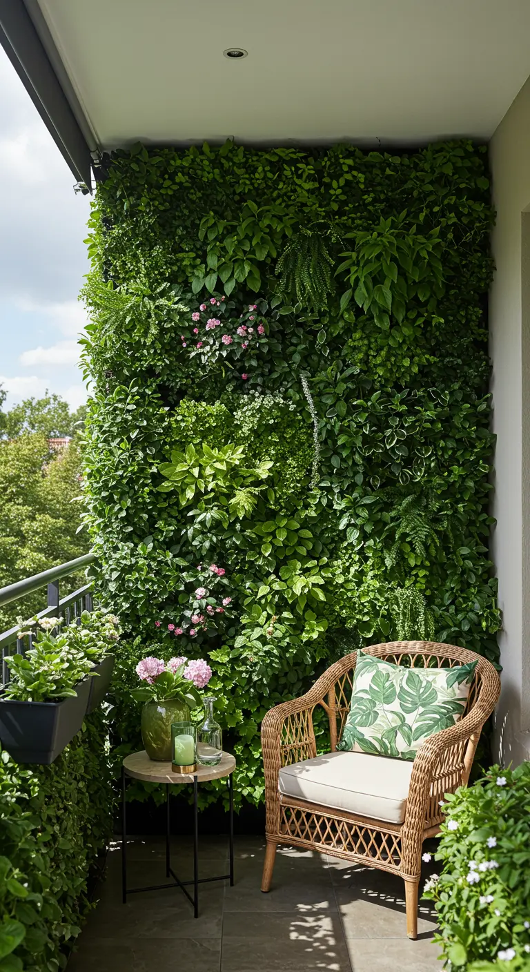 Grand mur végétal dense et vert avec des petites fleurs roses, fauteuil en rotin, table d'appoint.