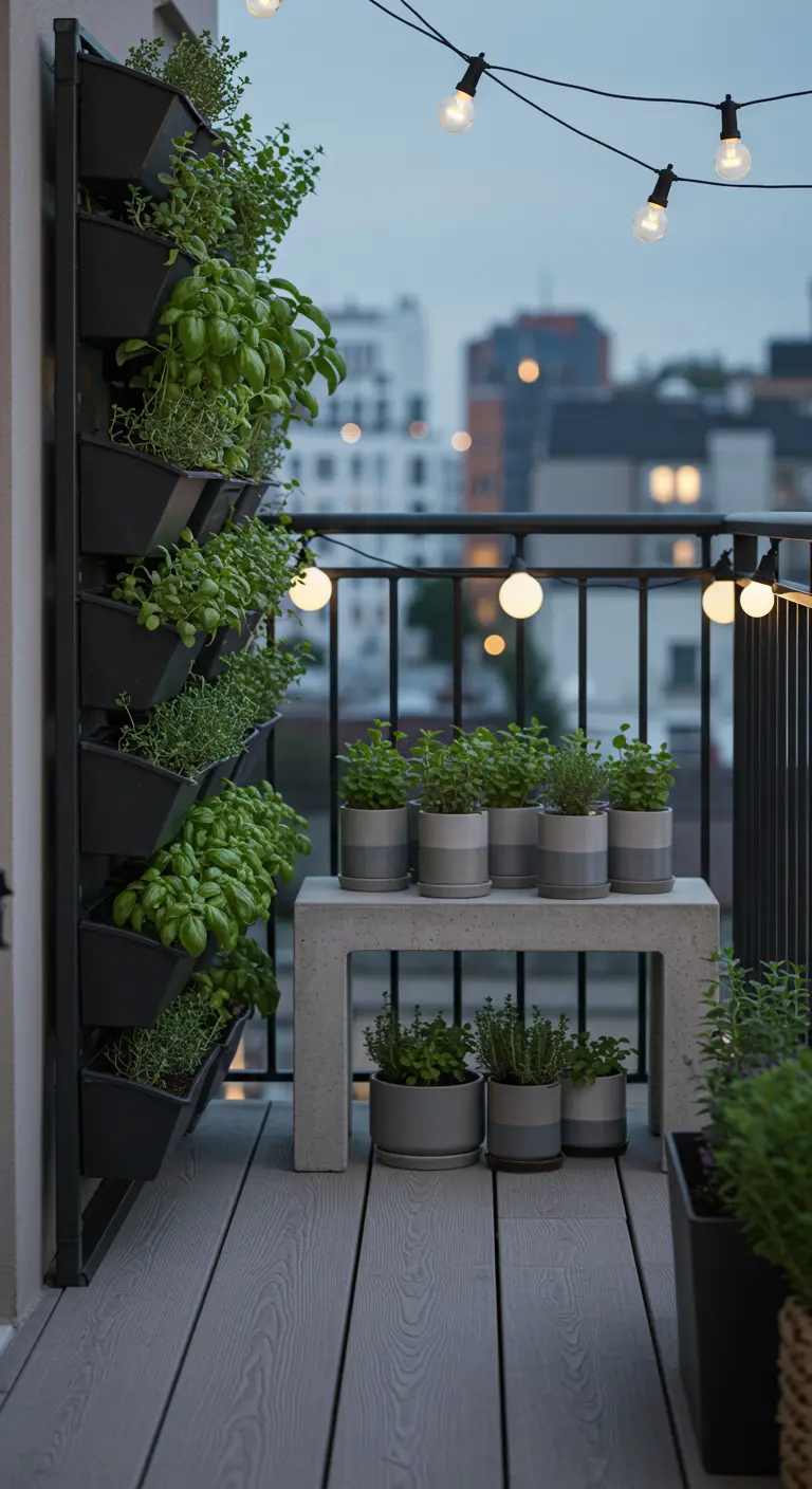 Mur végétal vertical avec herbes aromatiques et guirlandes lumineuses sur un balcon moderne.