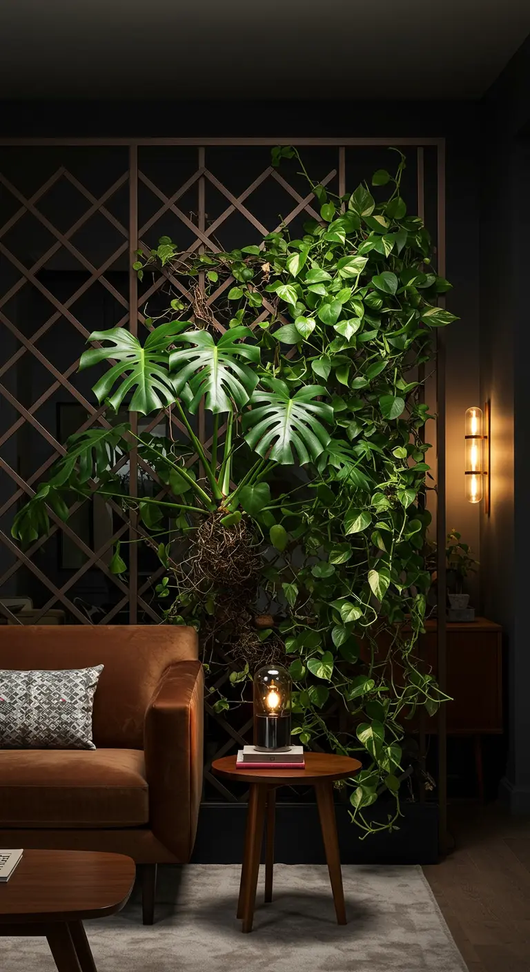 Mur intérieur sombre avec treillis et plantes grimpantes comme Monstera et Pothos, un canapé et une lampe de table.