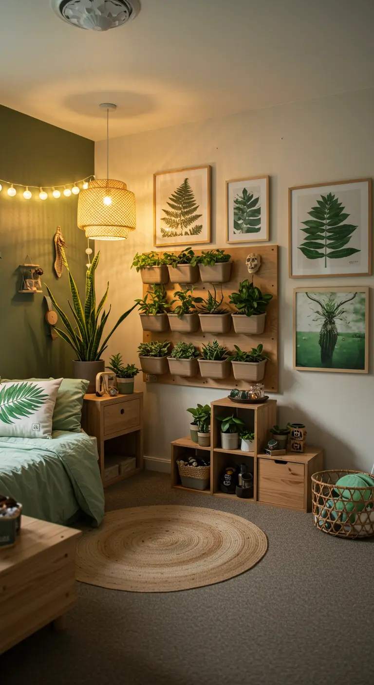 Mur végétal DIY avec des jardinières en bois, entouré de cadres de feuilles et de plantes d'intérieur.