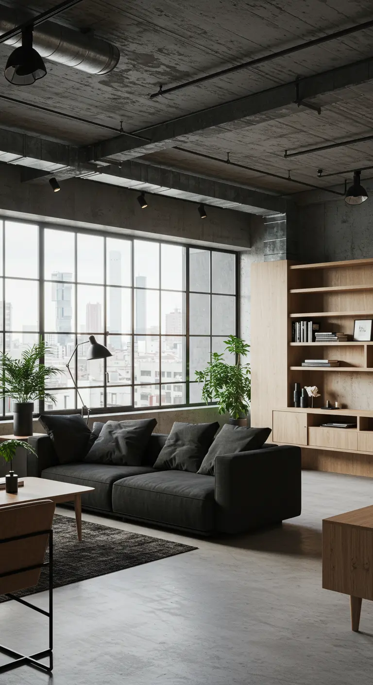 Grand salon industriel avec canapé gris foncé, étagères en bois clair, grandes plantes vertes et fenêtres atelier.