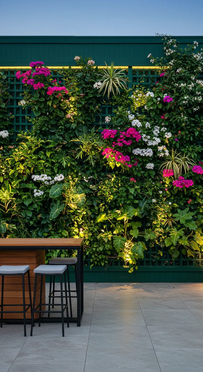 Grand mur végétal avec treillis vert foncé, bougainvilliers roses et blancs, éclairage intégré et bar extérieur.