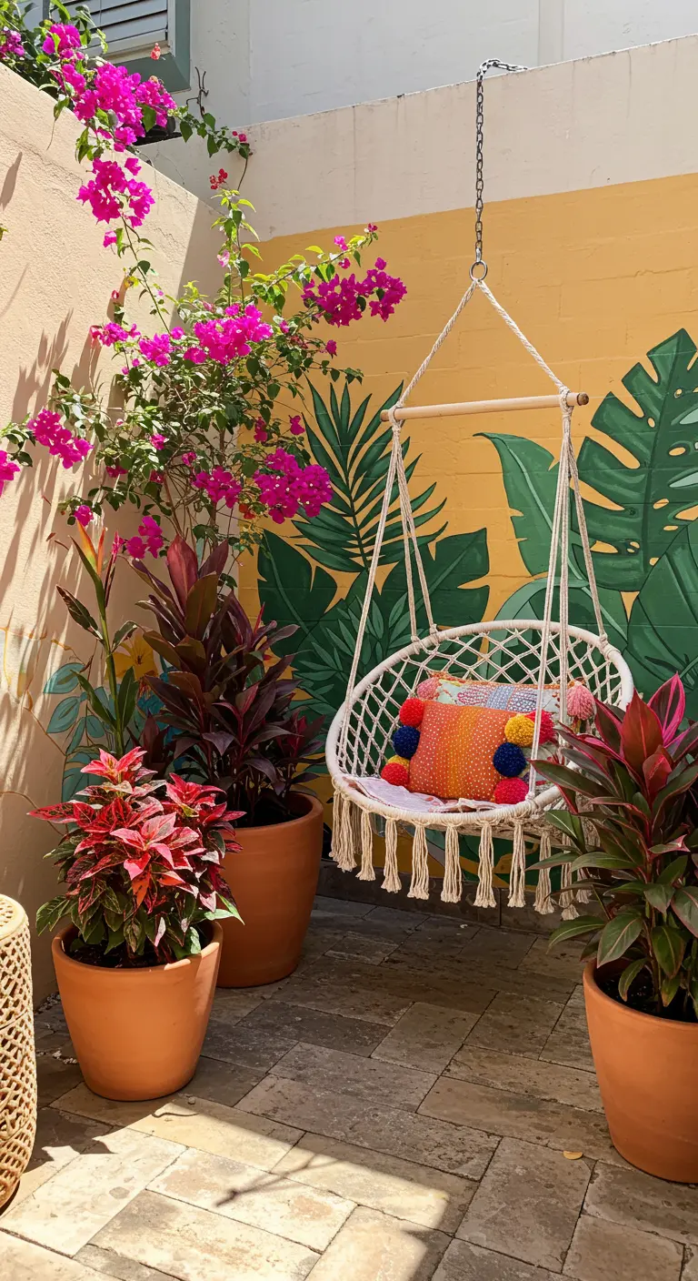 Chaise suspendue macramé devant un mur peint tropical avec bougainvilliers et plantes.