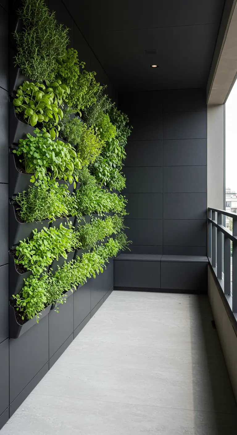 Mur végétal luxuriant sur un mur sombre d'un balcon, avec différentes herbes aromatiques.