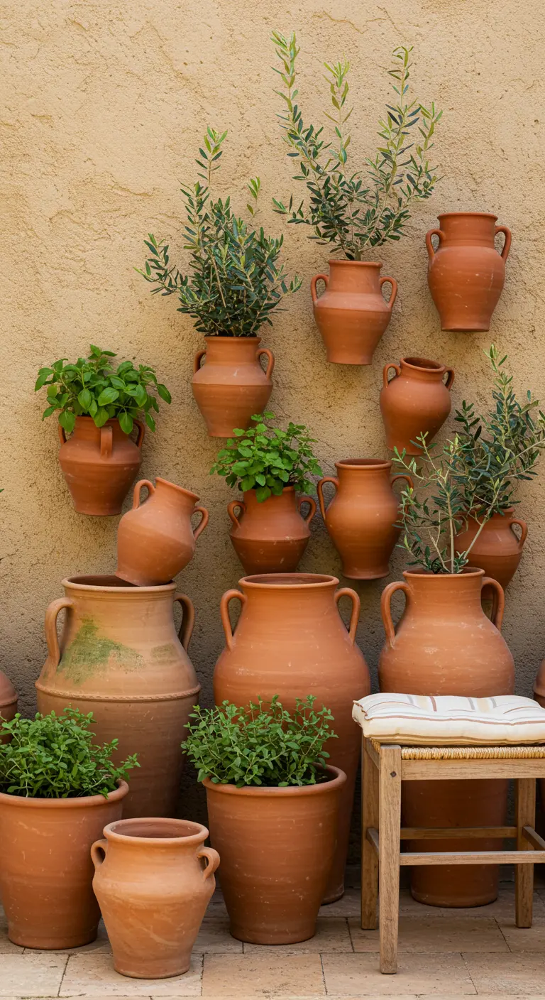 Mur décoré avec une collection de pots en terre cuite de tailles variées.