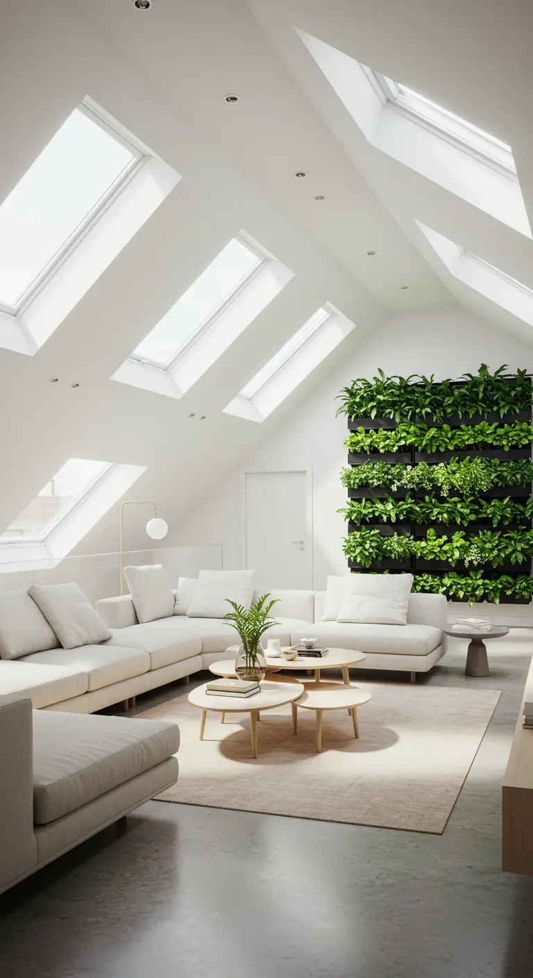 Salon mansardé avec de nombreux velux et un grand mur végétal.