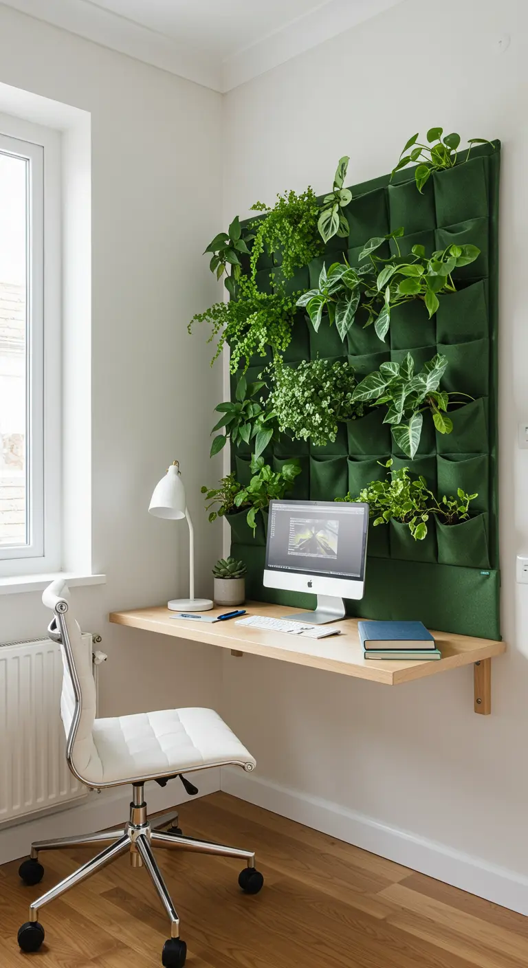 Mur végétal vert avec diverses plantes d'intérieur au-dessus d'un bureau flottant en bois.