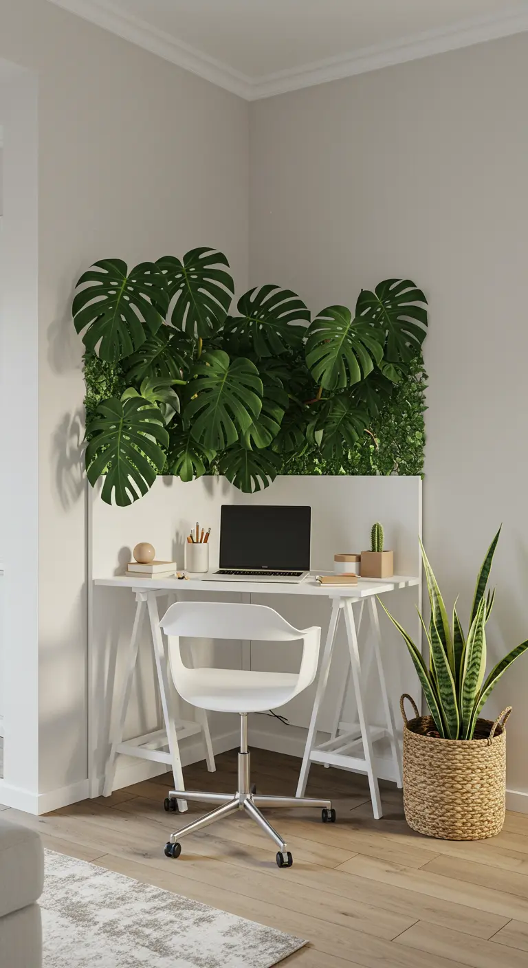 Bureau blanc sur tréteaux devant un mur végétal dense de feuilles de Monstera.