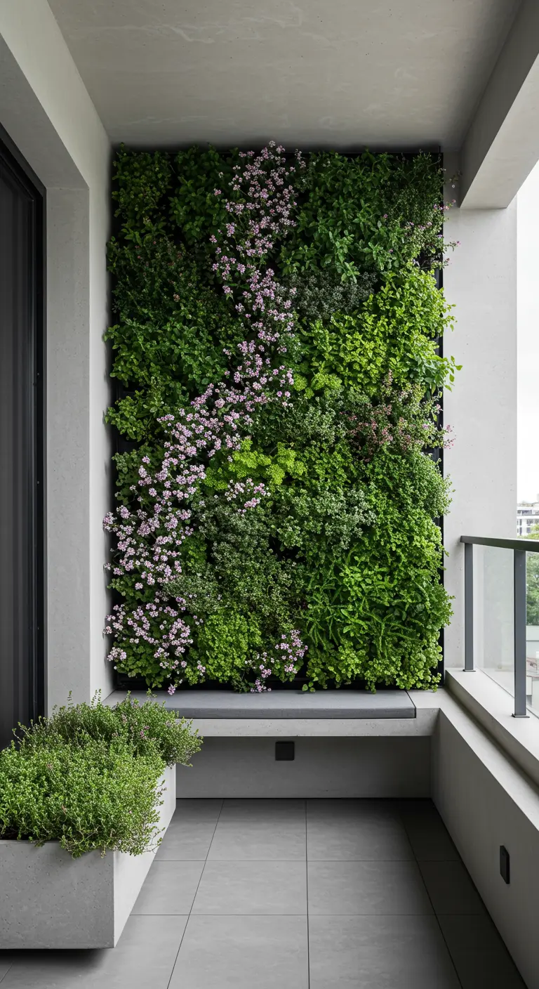 Un mur végétal luxuriant couvrant tout un pan de mur sur un balcon étroit.