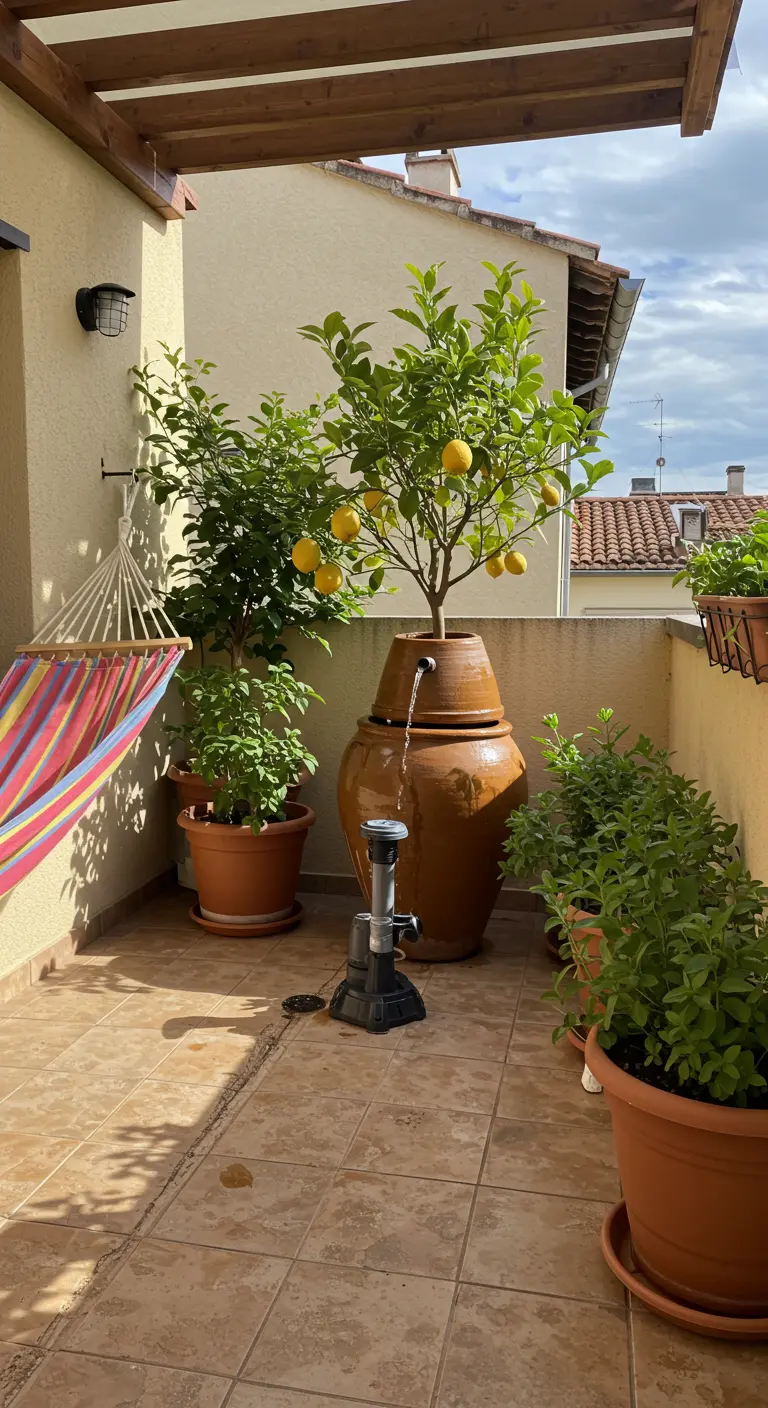 Fontaine d'eau DIY sur un balcon, faite à partir d'une grande jarre en terre cuite.