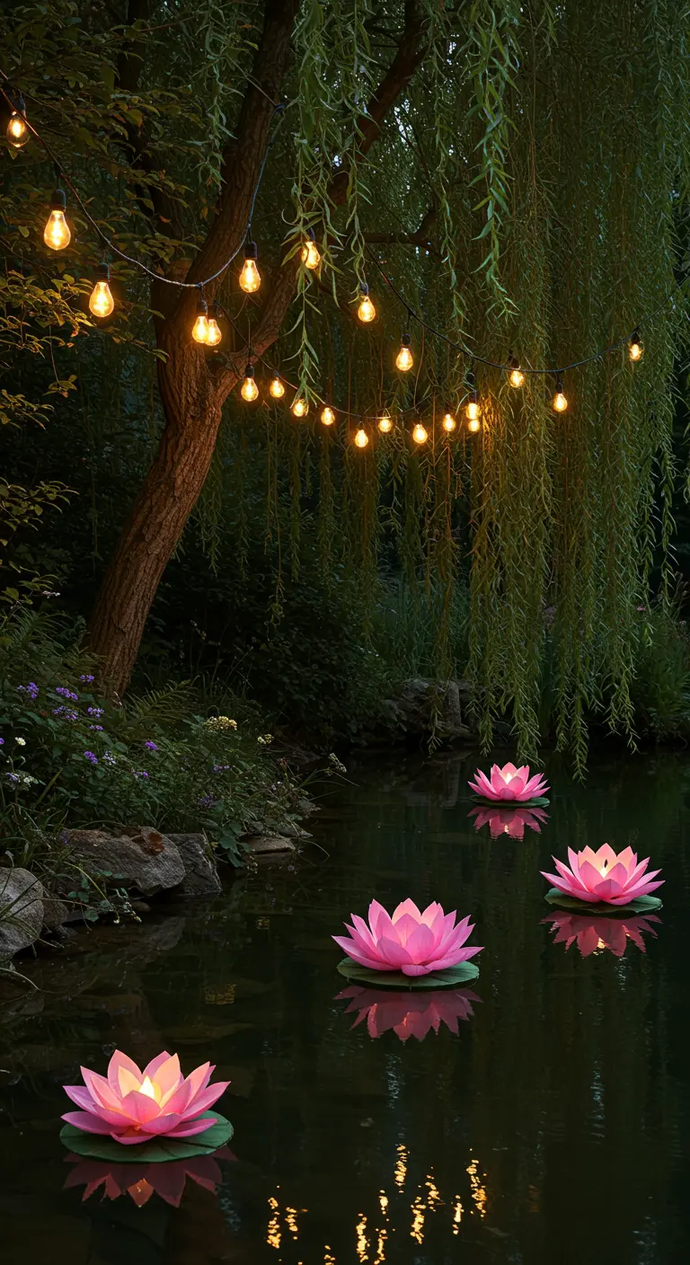 Étang de jardin avec des nénuphars lumineux flottants et un saule pleureur éclairé par une guirlande.