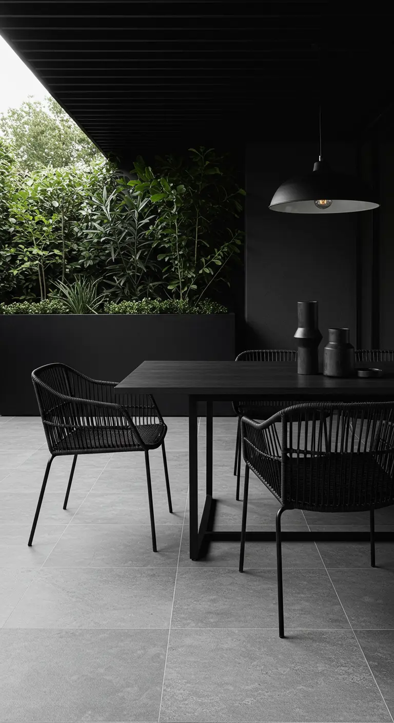 Coin repas entièrement noir sur une terrasse moderne, avec un mur de plantes luxuriantes.